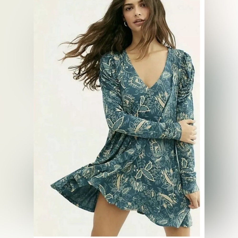 FREE PEOPLE TUNIC DRESS HELLO LOVER TOP DUSTY INDIGO COMBO GREEN NEW EITH TAGS M